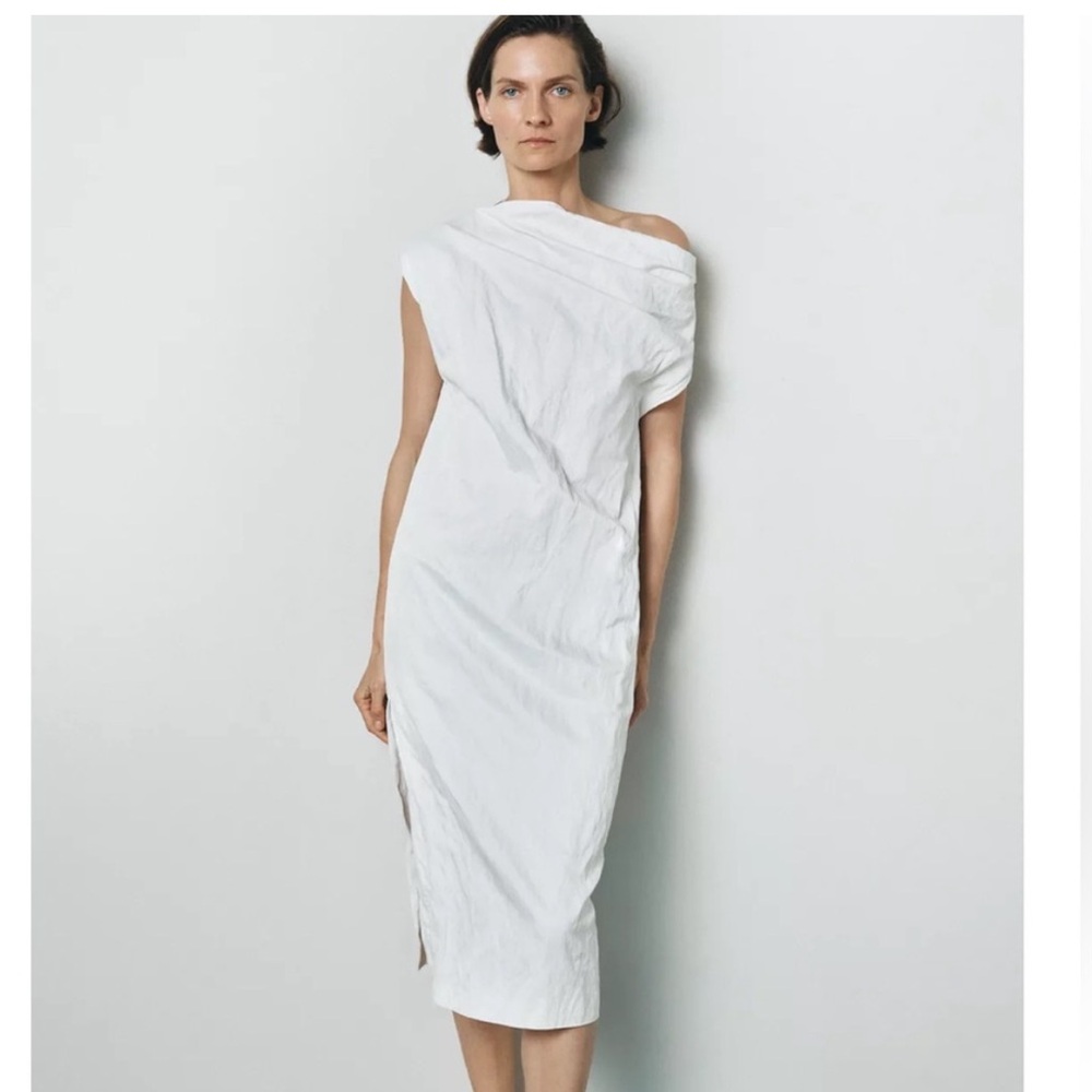 Zara White One-Shoulder Draped Midi Dress
